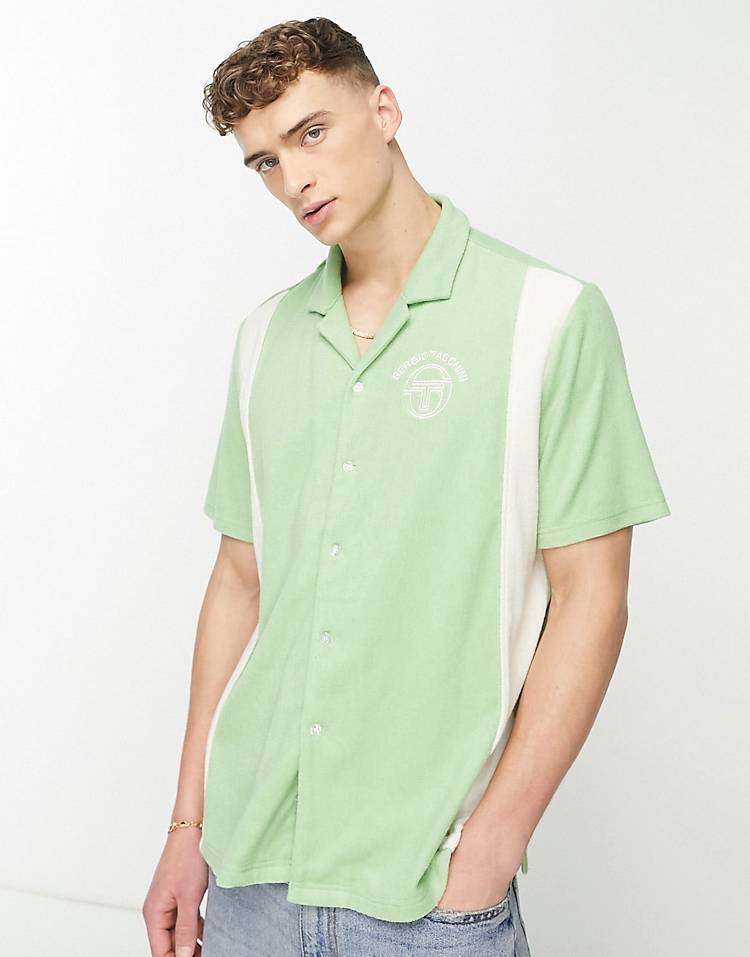 Sergio Tacchini Tano camp collar shirt in green and cream stripe